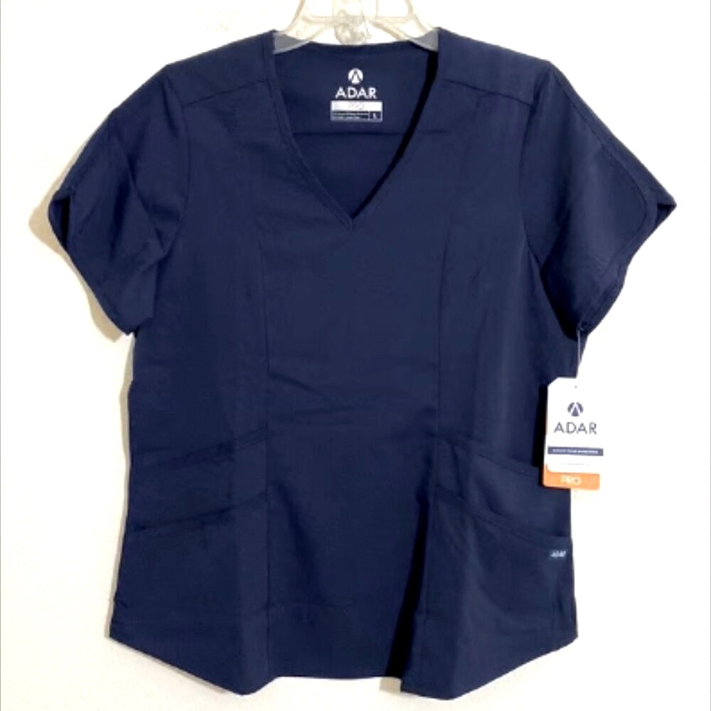 ADAR Pro Modern Athletic V-Neck Scrub Top NAVY BLUE Women's Size L